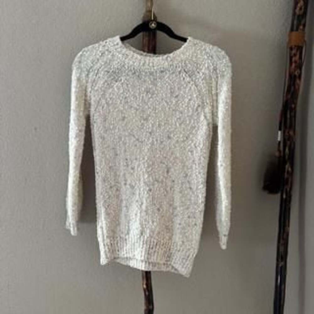 Retro 80s Speckled Knit Pullover Sweater - White with Blue & Pink Flecks